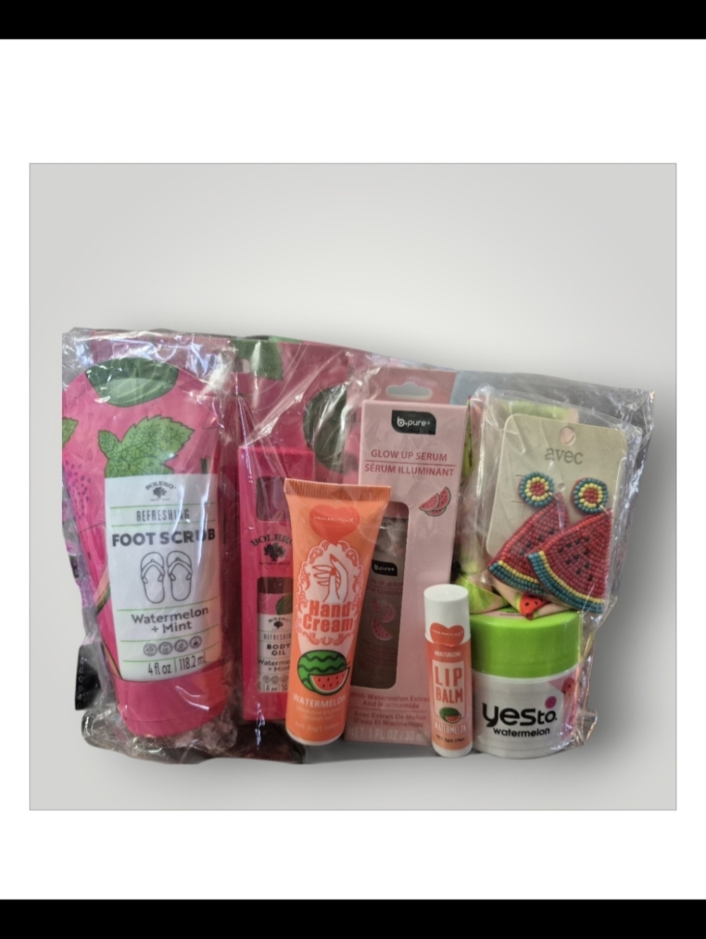 Watermelon Self Care Gift 10pc Set- Hand Cream, Foot Scrub, Glow Serum etc & Bag